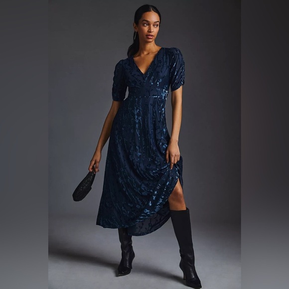 Anthropologie Dresses & Skirts - Anthropologie Hutch Puff Sleeve Burnt Velvet Midi Dress Womens 2 Blue Midi